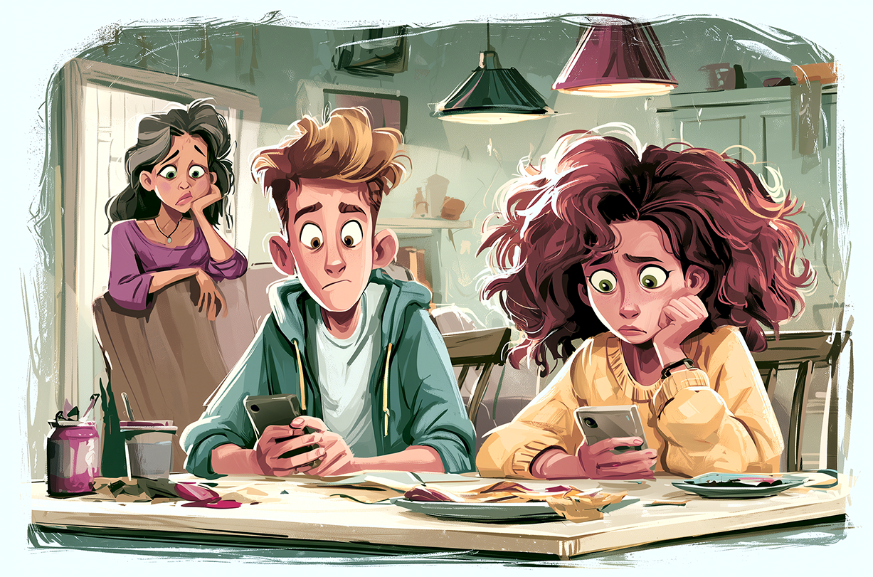 A family distracted by their phones instead of connecting